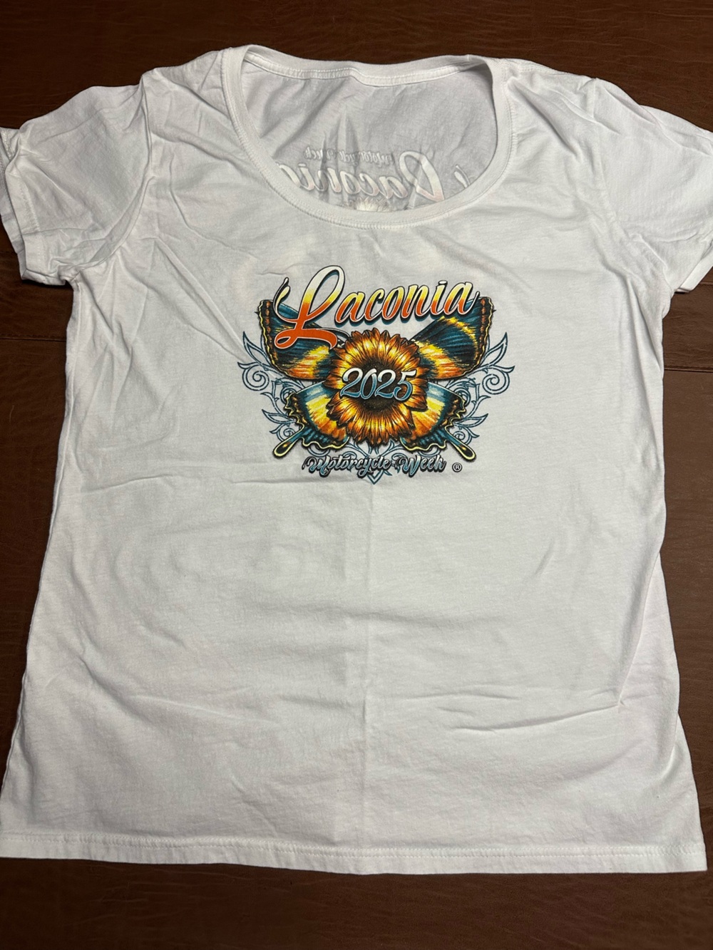 Laconia 2025 White Graphic Scoop Neck women’s T-Shirt.Tag says XL BUT RUNS small